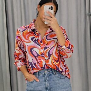 Express Boyfriend Long Sleeve Button Down Shirt 70s Mod - size Medium